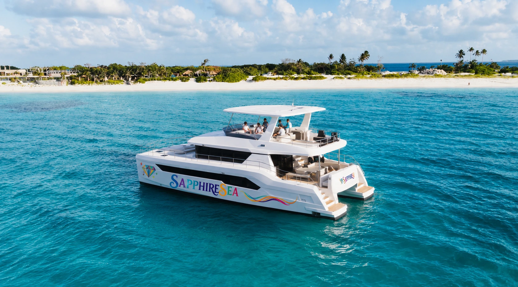 Leopard catamaran anchored in turquoise water