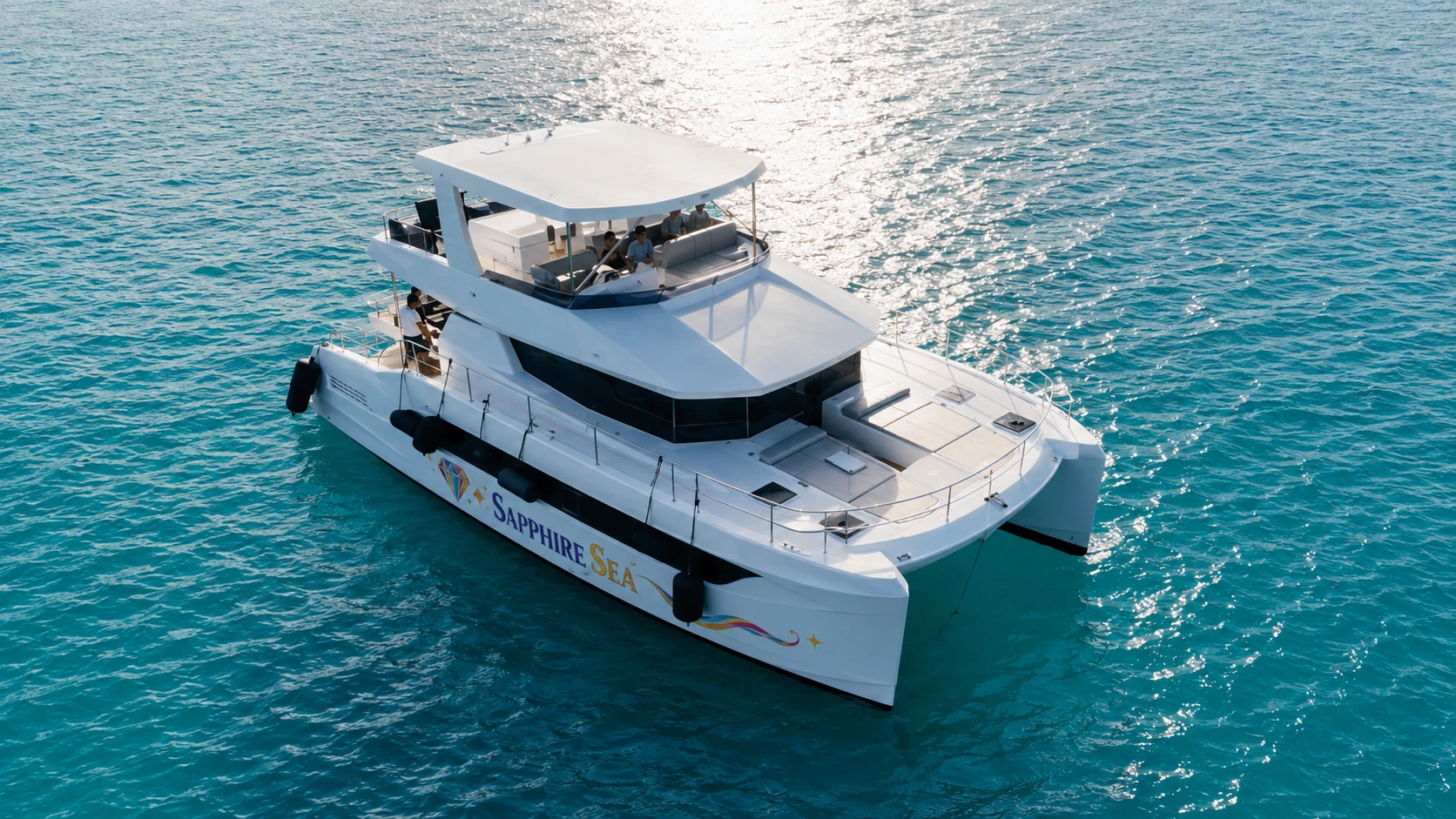 Drone view of the yacht cruising over clear blue water