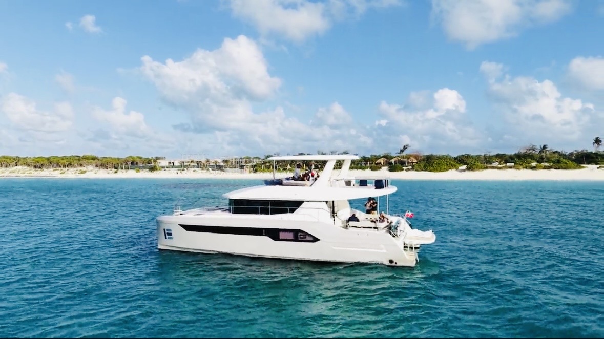 Leopard catamaran profile near the beach