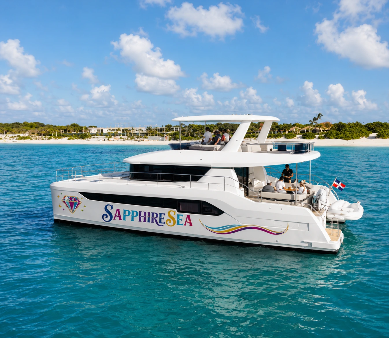 Leopard catamaran profile near the beach
